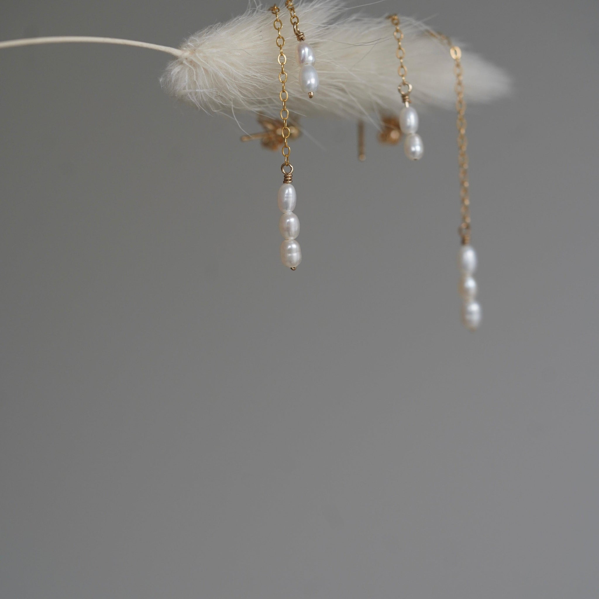 Tiny Rice Pearl Double Chain Drop Earrings