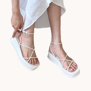 Leather Strappy Platform Sandals With Buckle Ankle Strap White